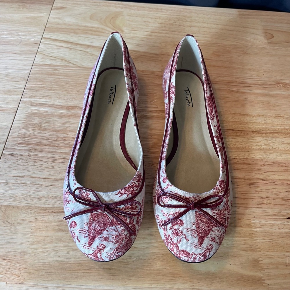 Talbots Womens Red Toile de Jouy Ballet Flats Leather Sole Size 10.5 B Brazil
